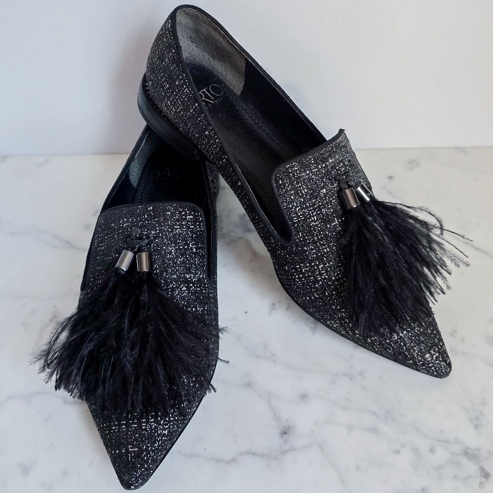 Franco Sarto TOPAZ Black Tweed Shimmer Feather Tassel Point Toe Flats Size 7 - Picture 12 of 12